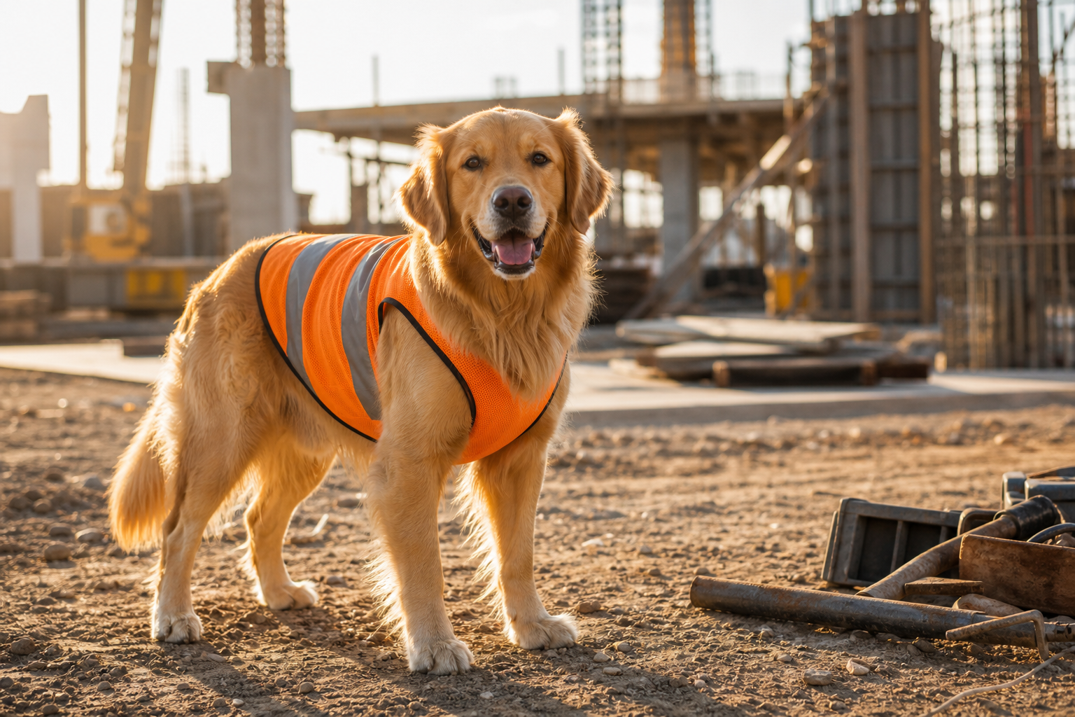 Golden Retriever in Orange Construction Vest